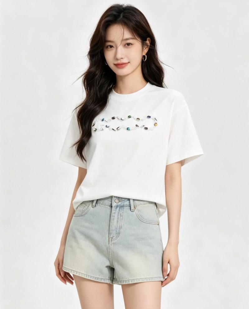 White Short Sleeve T-Shirt with Colorful Gemstone Print view