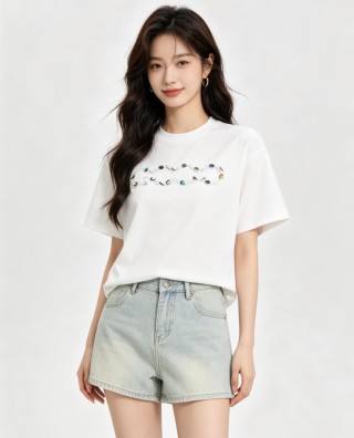 White Short Sleeve T-Shirt with Colorful Gemstone Print view 6