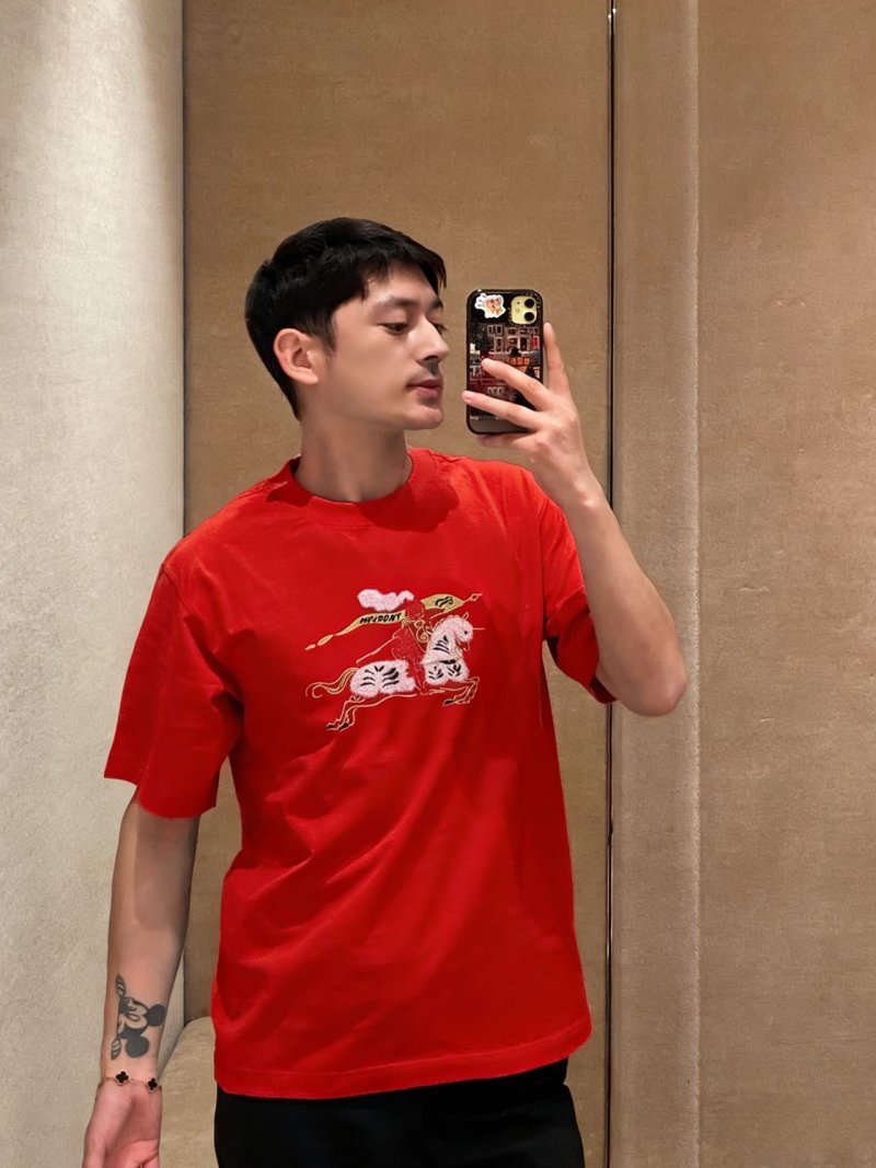 Red Graphic T-Shirt with Embroidered Dragon Design