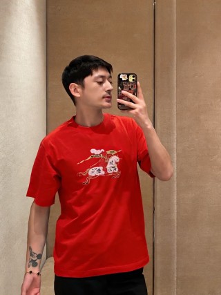 Red Graphic T-Shirt with Embroidered Dragon Design