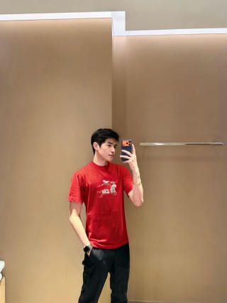 Red Graphic T-Shirt with Embroidered Dragon Design view 3