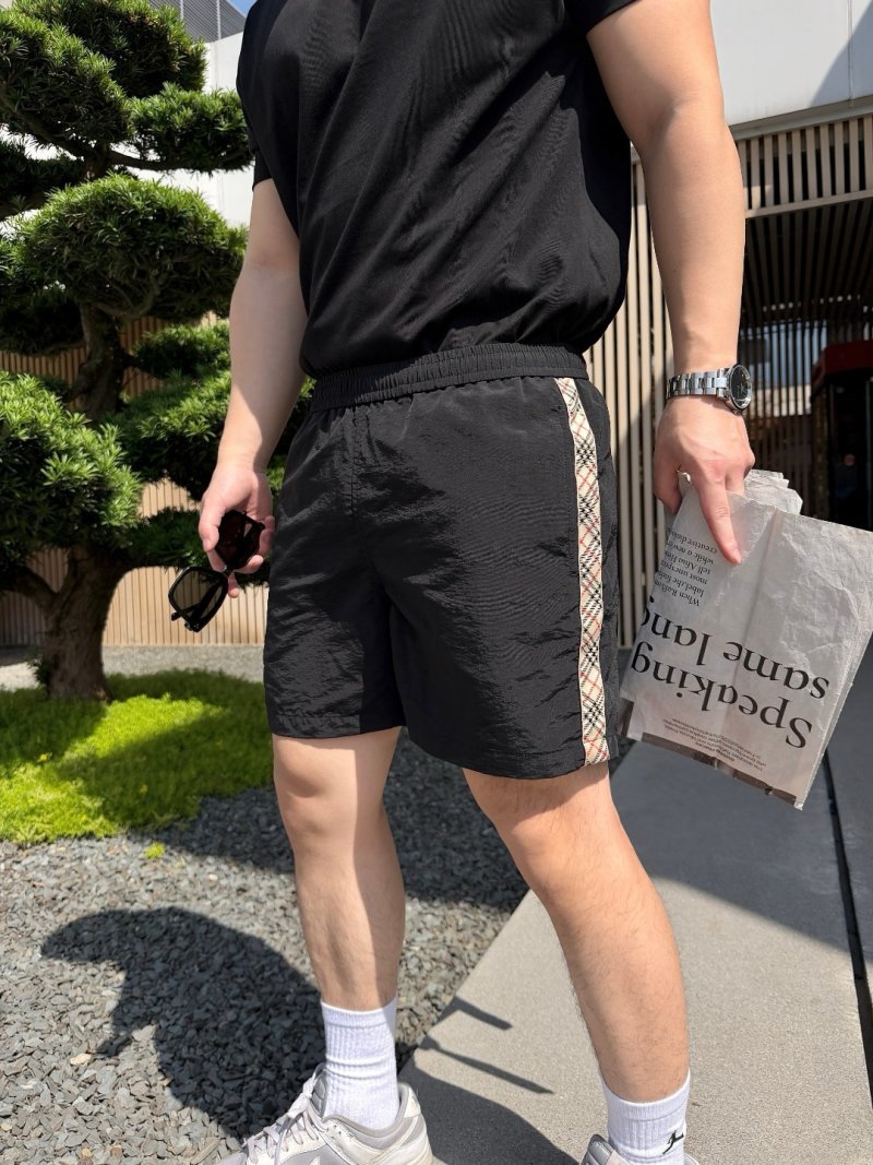 Black Nylon Shorts with Checkered Side Stripe