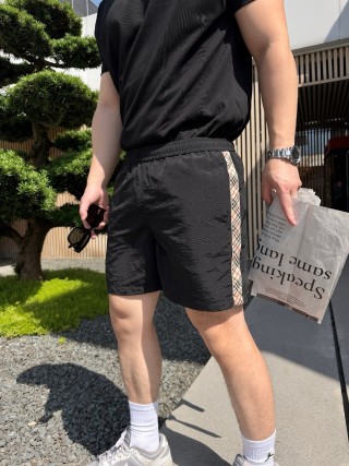Black Nylon Shorts with Checkered Side Stripe