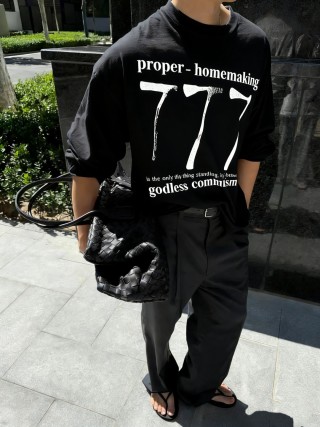 Black Graphic Long Sleeve T-Shirt with '777' Print view 2