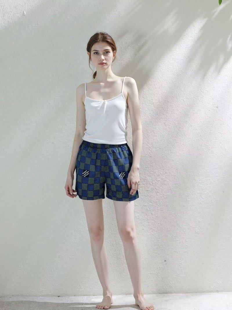 Navy Checkered Knit Shorts with Embroidered Details