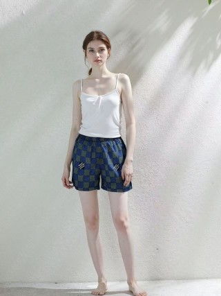 Navy Checkered Knit Shorts with Embroidered Details