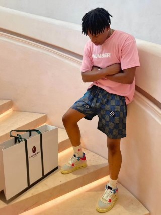 Navy Checkered Knit Shorts with Embroidered Details view 2