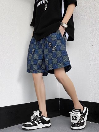 Navy Checkered Knit Shorts with Embroidered Details view 3