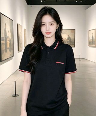 Prada Black Polo Shirt with Red & White Trim