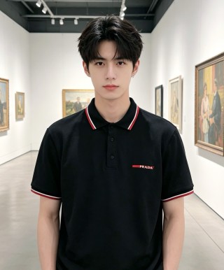 Prada Black Polo Shirt with Red & White Trim view 4