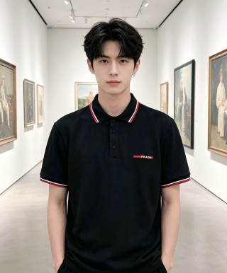 Prada Black Polo Shirt with Red & White Trim view 6
