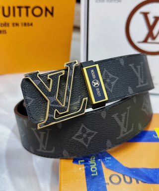 Louis Vuitton Monogram Canvas Belt with Gold LV Buckle – Black