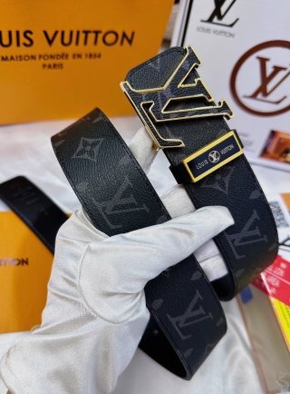 Louis Vuitton Monogram Canvas Belt with Gold LV Buckle – Black view 3