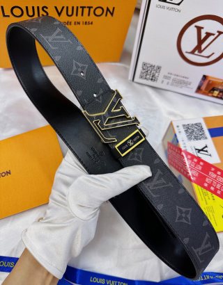 Louis Vuitton Monogram Canvas Belt with Gold LV Buckle – Black view 5