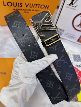 Louis Vuitton Monogram Canvas Belt with Gold LV Buckle – Black view 6