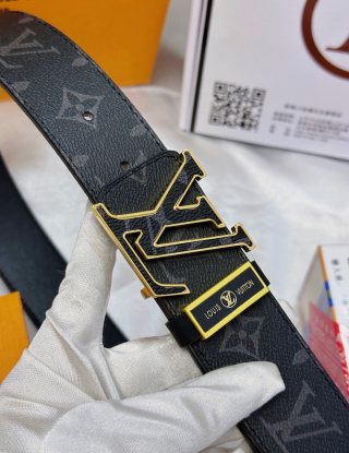 Louis Vuitton Monogram Canvas Belt with Gold LV Buckle – Black view 8