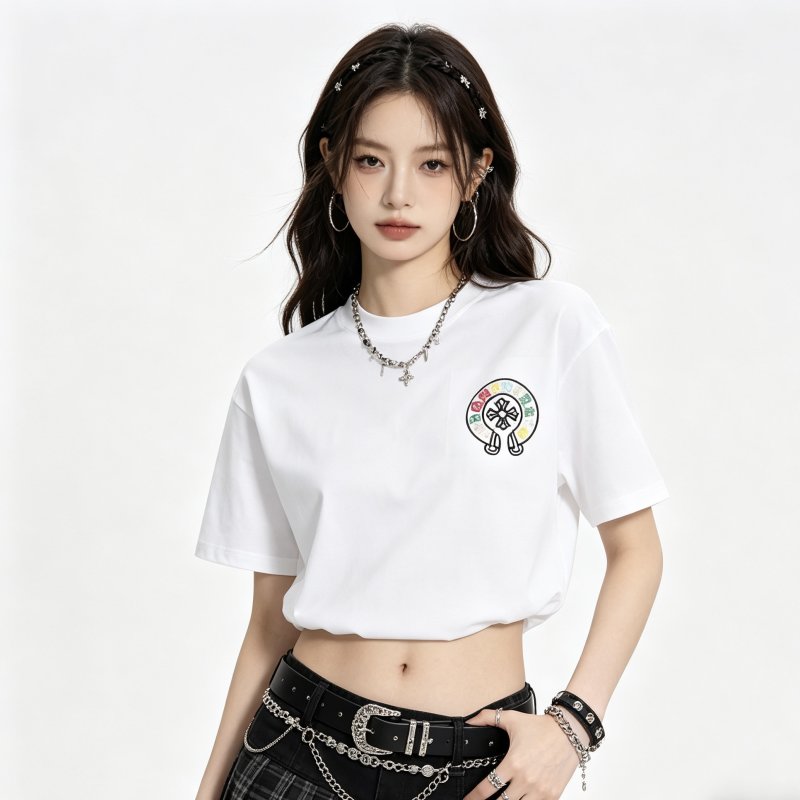 White Graphic Crop T-Shirt with Colorful Embroidered Logo view