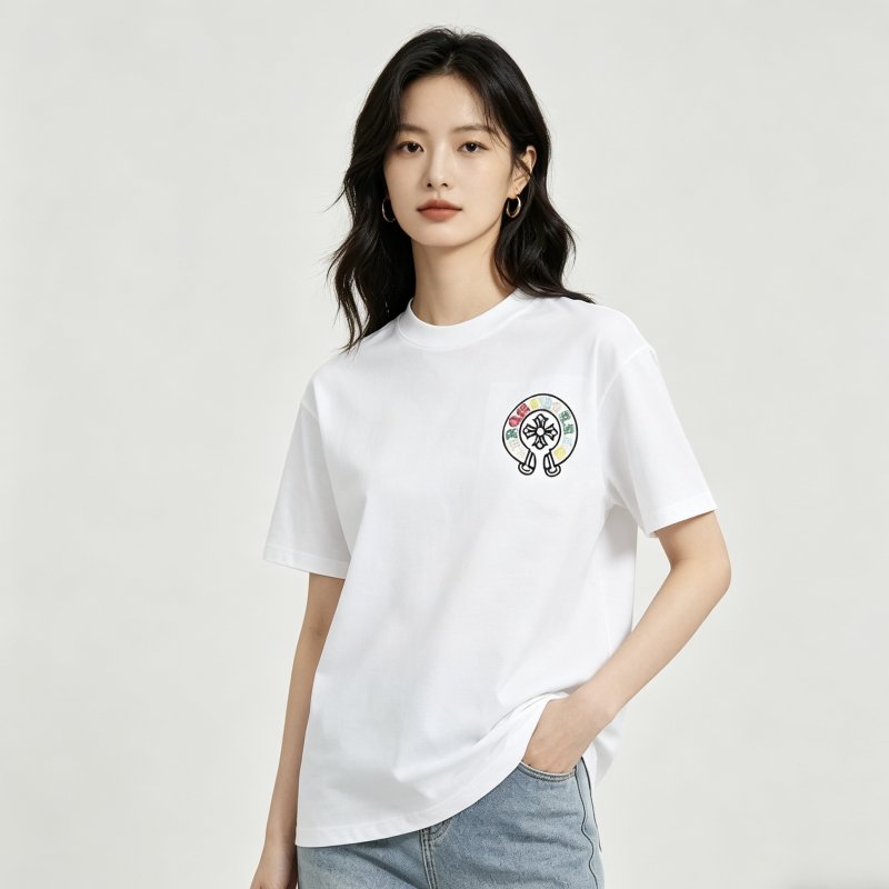 White Graphic Crop T-Shirt with Colorful Embroidered Logo view