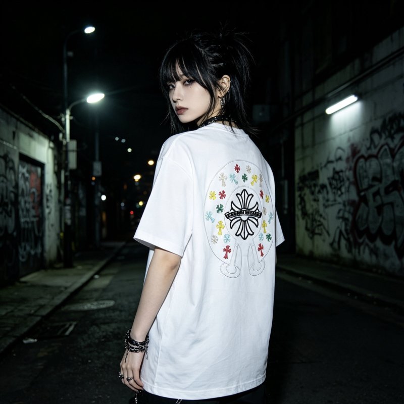 White Graphic Crop T-Shirt with Colorful Embroidered Logo view