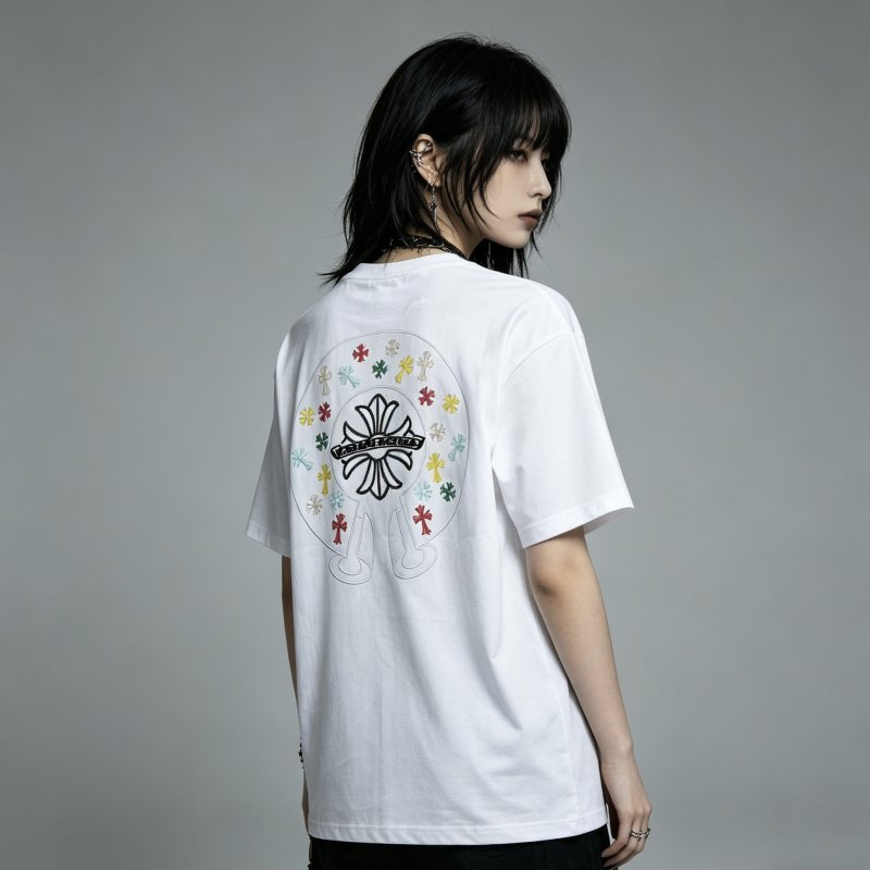 White Graphic Crop T-Shirt with Colorful Embroidered Logo view