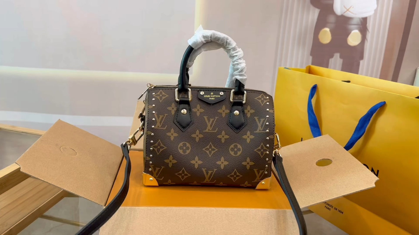 Louis Vuitton Monogram Speedy Studded Handbag Brown