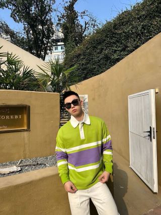 Neon Lime & Purple Colour-Block Polo Shirt view 2