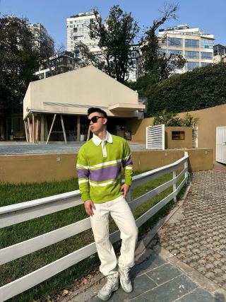 Neon Lime & Purple Colour-Block Polo Shirt view 3
