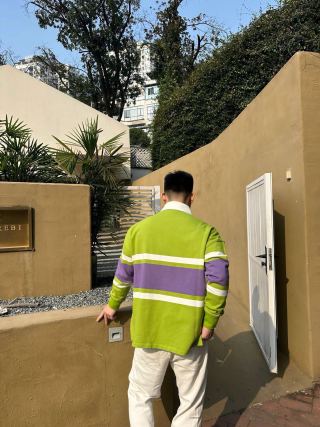 Neon Lime & Purple Colour-Block Polo Shirt view 4