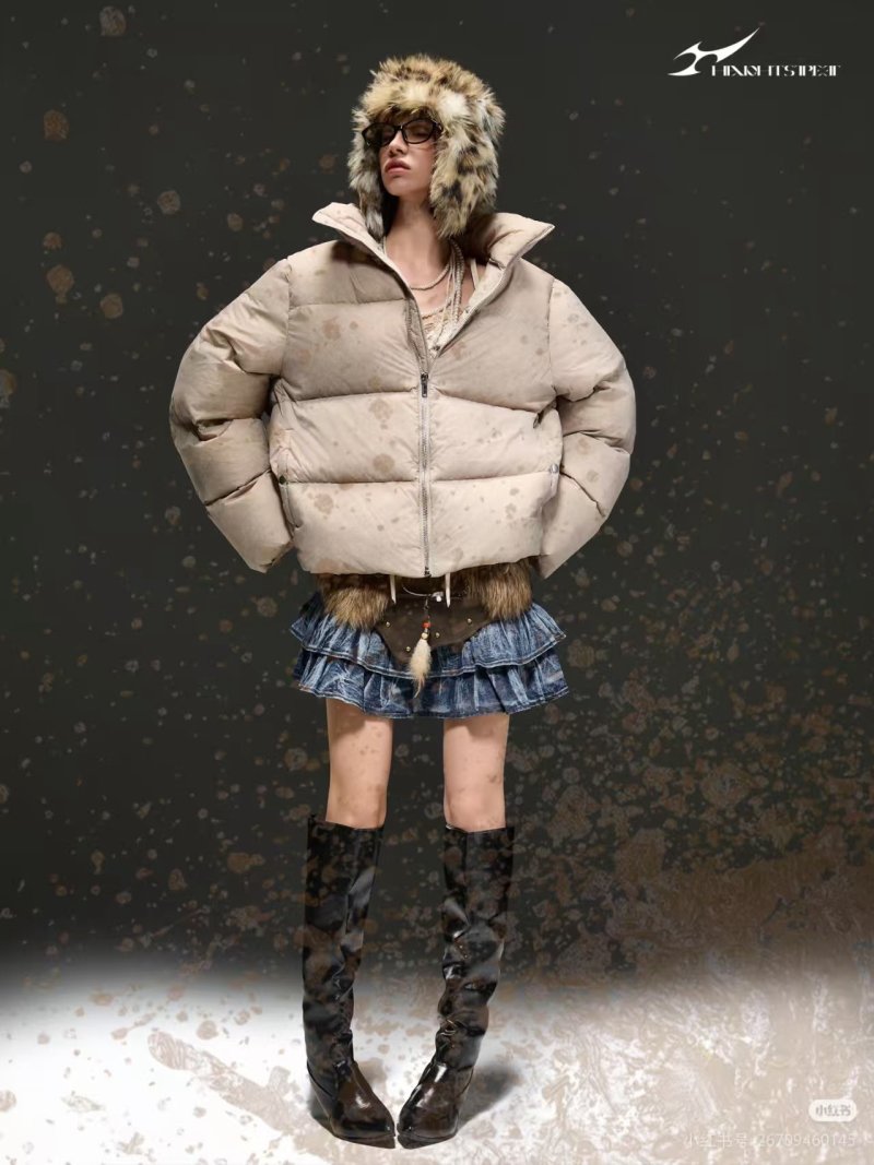 Cream Puffer Down Jacket with Faux Fur Hood