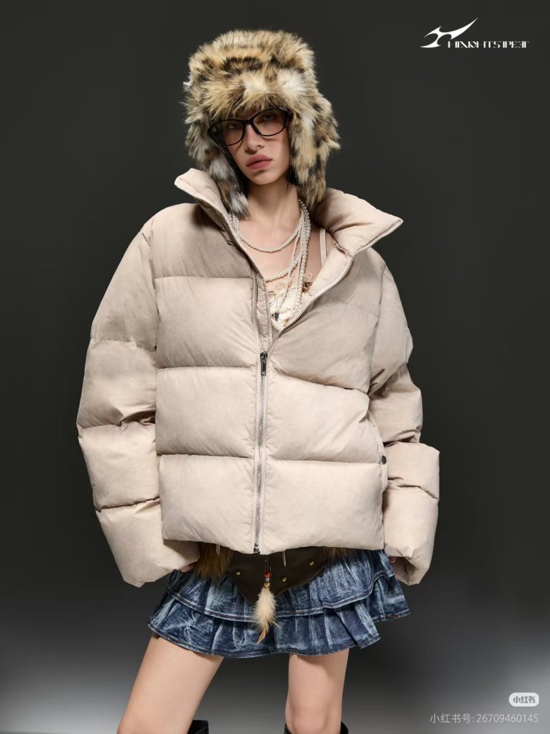 Cream Puffer Down Jacket with Faux Fur Hood view