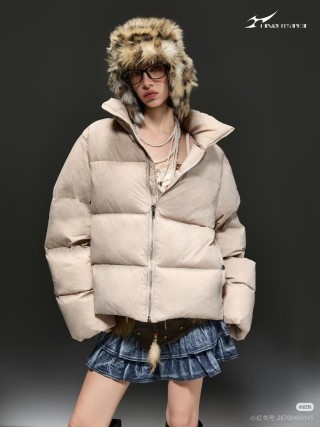Cream Puffer Down Jacket with Faux Fur Hood view 2