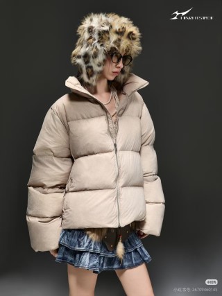 Cream Puffer Down Jacket with Faux Fur Hood view 3