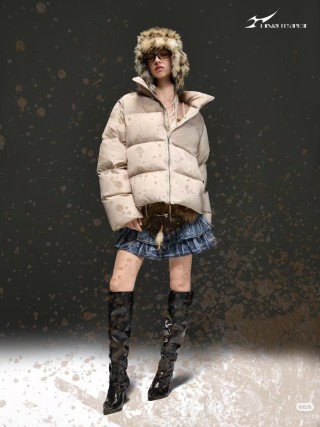 Cream Puffer Down Jacket with Faux Fur Hood view 9