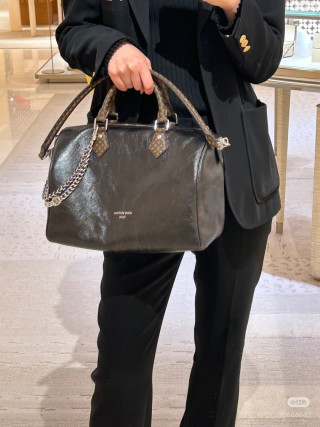 Louis Vuitton Speedy Black Oil Wax Leather Dual Chain Handbag