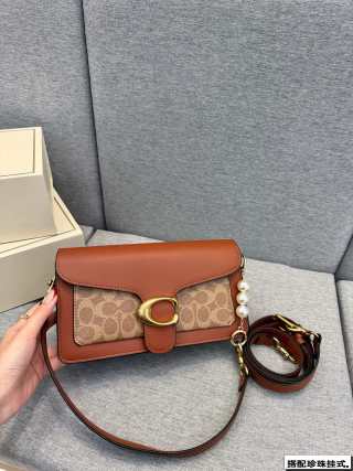 Coach Tabby Cognac Leather Crossbody Bag with Pearl Charm