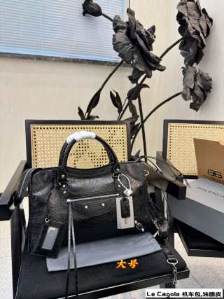 Balenciaga Le Cagole Black Waxed Leather Tote Bag