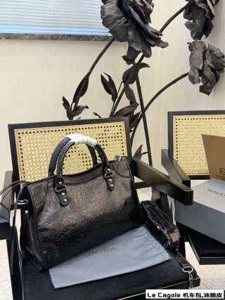 Balenciaga Le Cagole Black Waxed Leather Tote Bag view 7