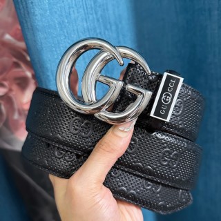Gucci GG Marmont Black Leather Belt with Silver Buckle