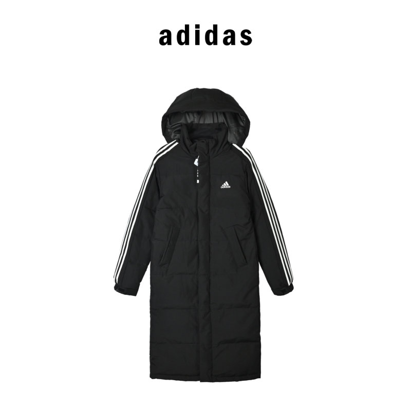 Adidas Black Long Puffer Down Jacket with 3-Stripe Detail view
