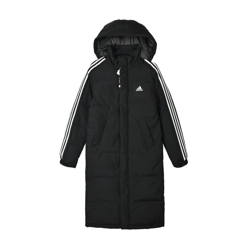 Adidas Black Long Puffer Down Jacket with 3-Stripe Detail view