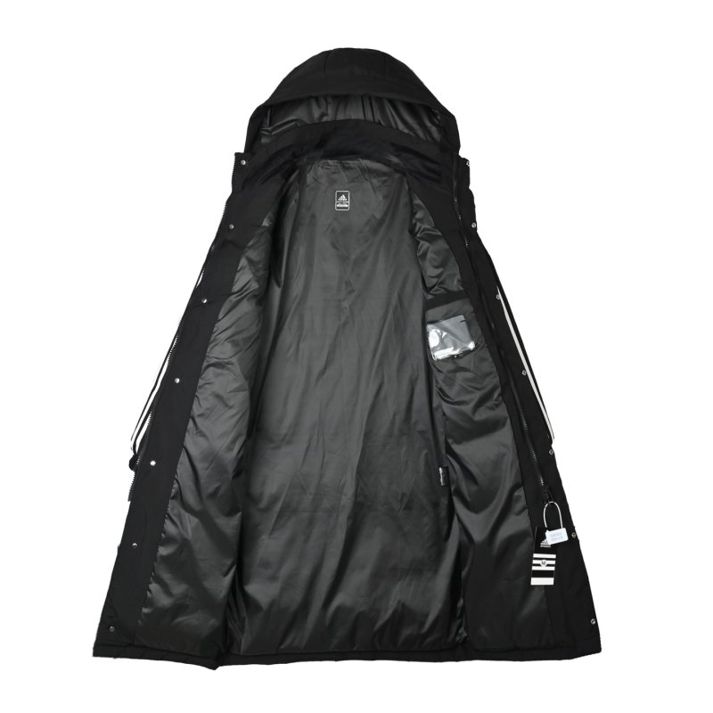 Adidas Black Long Puffer Down Jacket with 3-Stripe Detail view