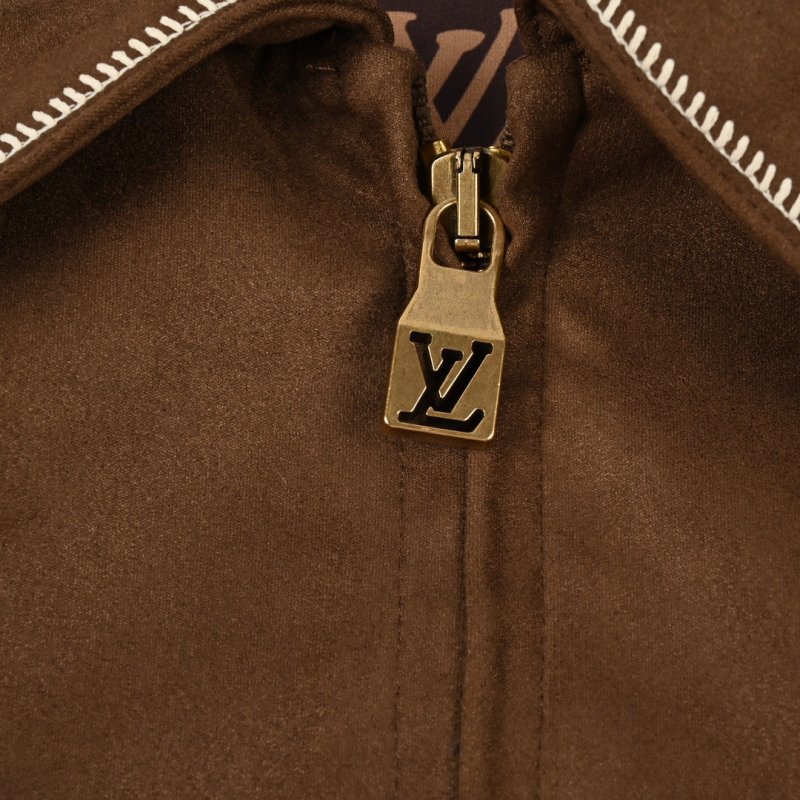 Brown Suede Bomber Jacket with Embroidered Logo view