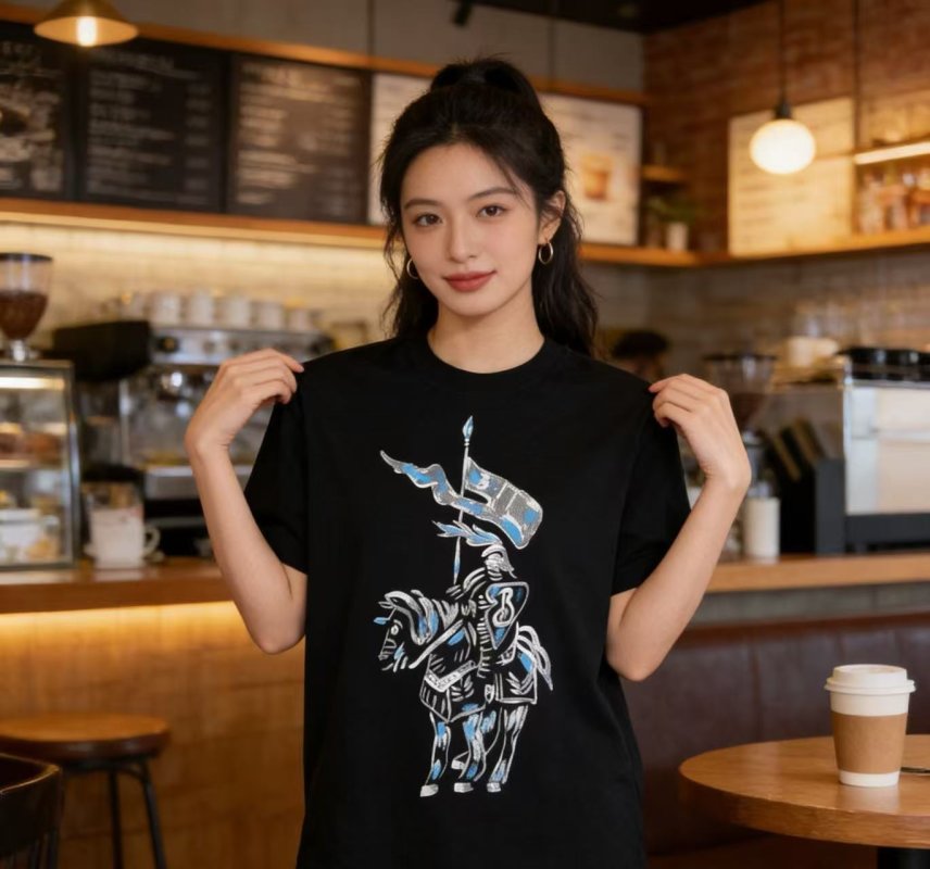 Black Short Sleeve Graphic T-Shirt with Knight Flag Print view