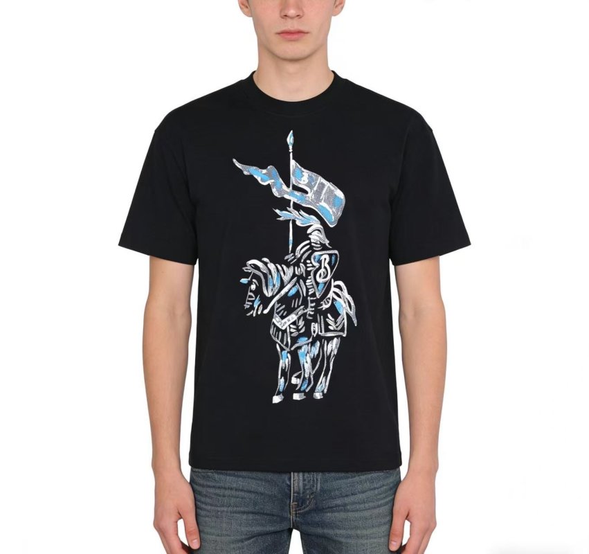 Black Short Sleeve Graphic T-Shirt with Knight Flag Print view