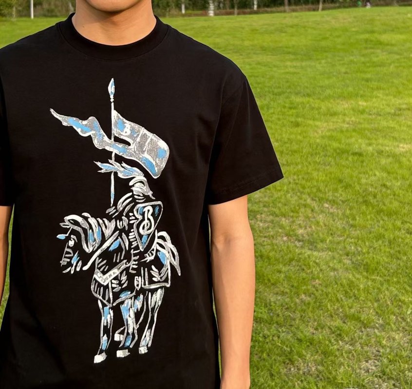 Black Short Sleeve Graphic T-Shirt with Knight Flag Print view