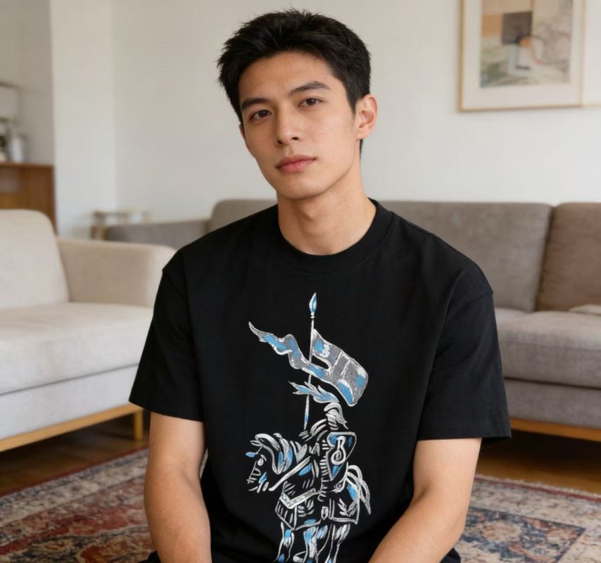 Black Short Sleeve Graphic T-Shirt with Knight Flag Print view