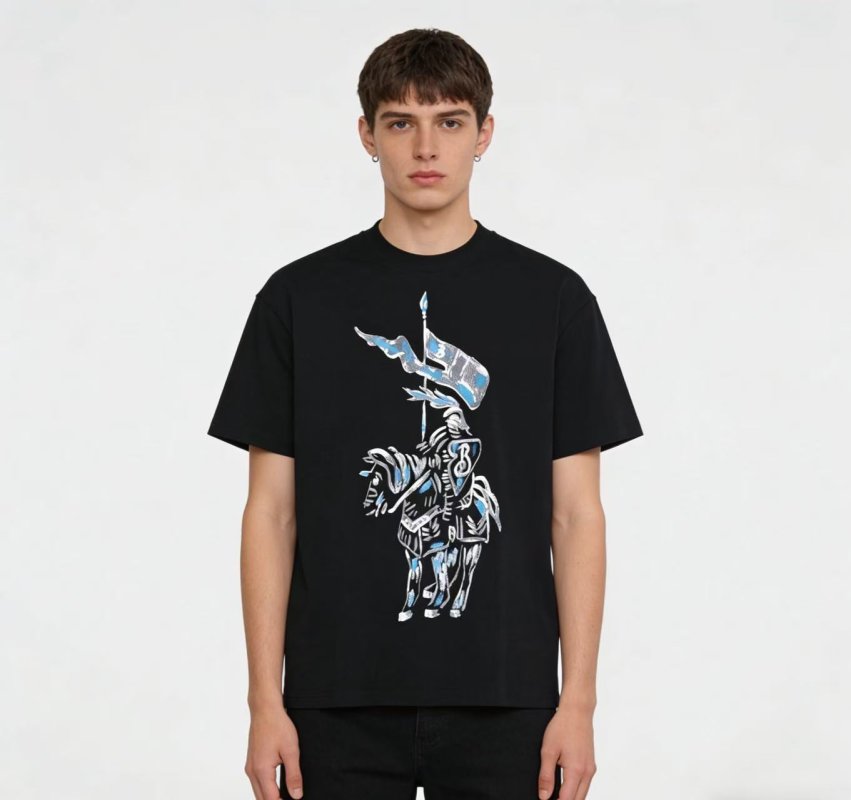 Black Short Sleeve Graphic T-Shirt with Knight Flag Print view