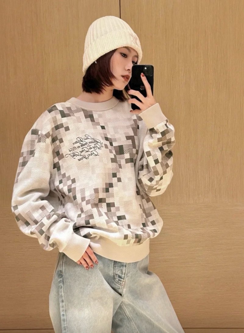 Cream Argyle Knit Sweater with Embroidered Logo view