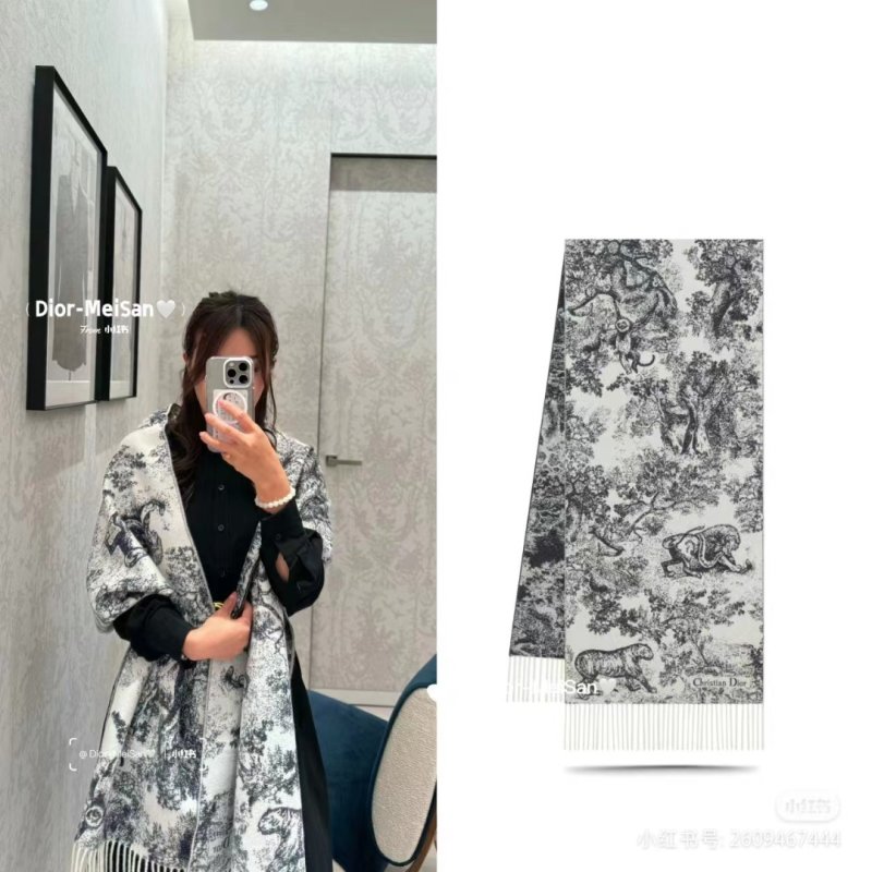 Dior Sauvage Toile de Jouy Monogram Fringe Scarf - Cream/Black