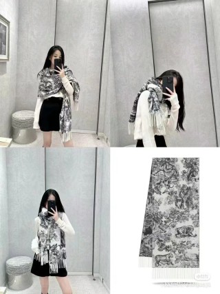 Dior Sauvage Toile de Jouy Monogram Fringe Scarf - Cream/Black view 3